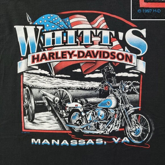 Harley Davidson Vintage T-Shirt 90s Blue Flames Long Sleeve USA Flag Whitt's 3XL - Picture 4 of 12
